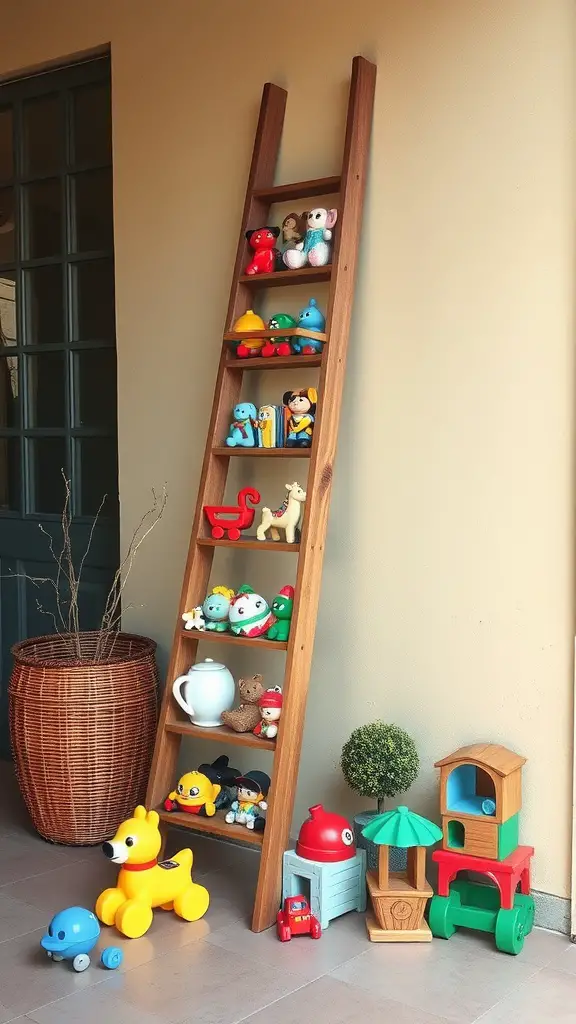 23 Creative Outdoor Toy Storage Ideas for a Clutter-Free Yard 7 Decorative wooden ladder displaying colorful toys, alongside additional toys on the ground and a wicker basket.
