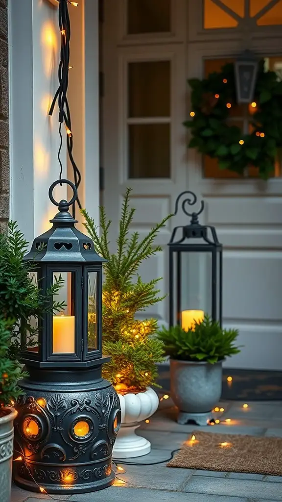 19 Stunning Front Door Planter Ideas to Elevate Your Entryway 11 Decorative lantern planters beside a front door with greenery and soft lighting.