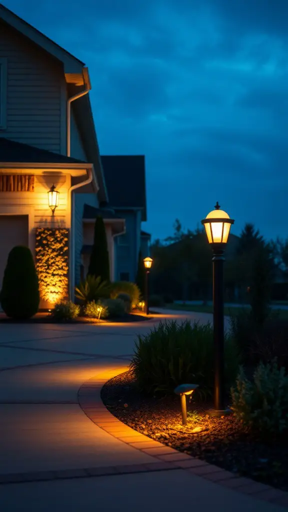 21 Stunning Long Driveway Landscaping Ideas You’ll Love 4 A beautifully lit driveway at night with lamp posts and ground lighting illuminating the path.