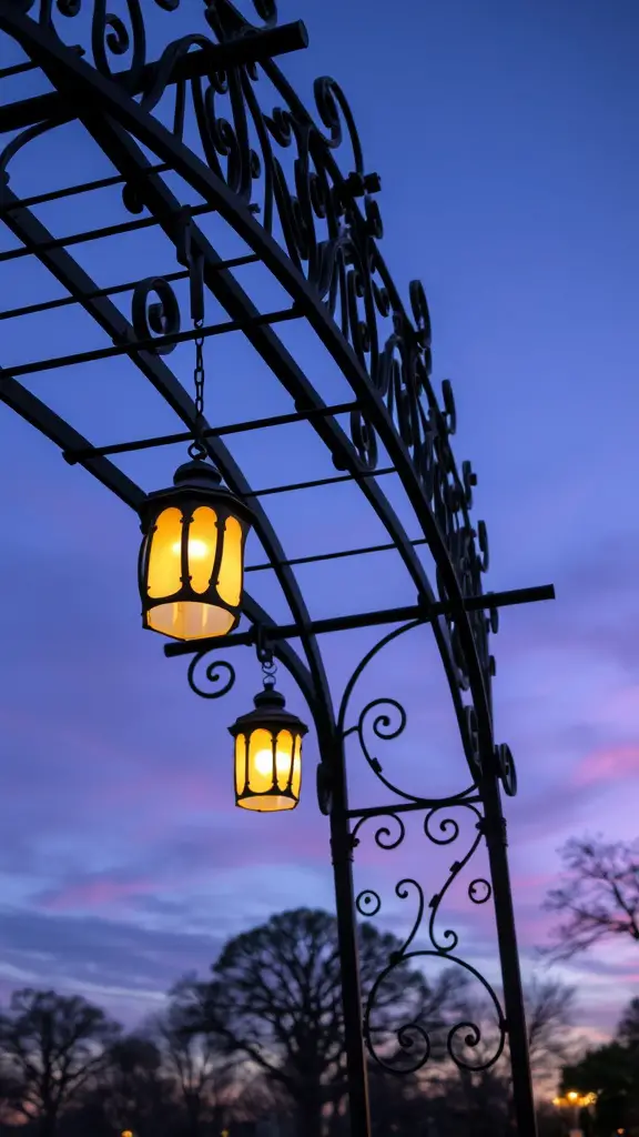 19 Creative Garden Arbor Ideas You’ll Love 17 A decorative metal arbor with hanging lanterns against a twilight sky.