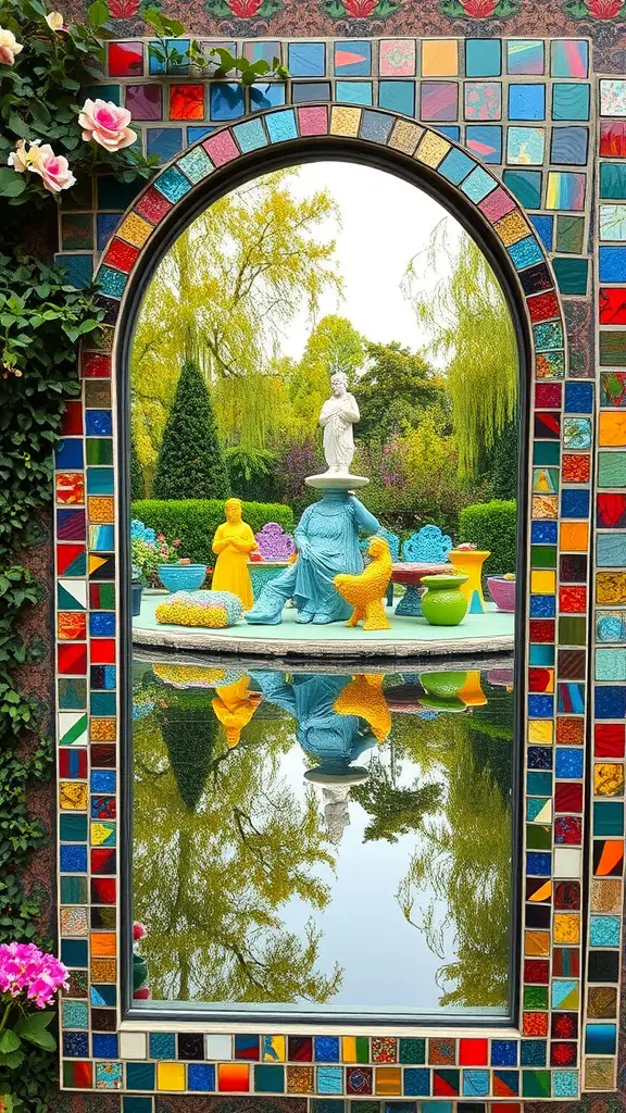 21 Stunning Garden Mirror Ideas to Transform Your Outdoor Space 6 A vibrant garden mirror with a colorful mosaic border reflecting a statue and flowers in a garden.