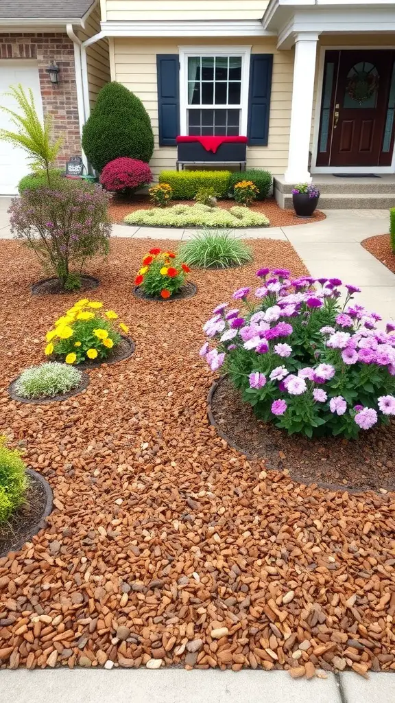 A front yard with decorative mulch, vibrant flowers, and shrubs, showcasing a polished landscaping look.