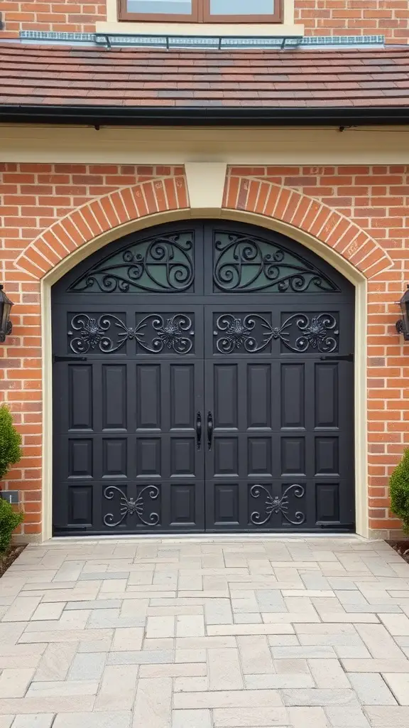 Decorative black panel garage door with ornate metalwork accents against a brick wall