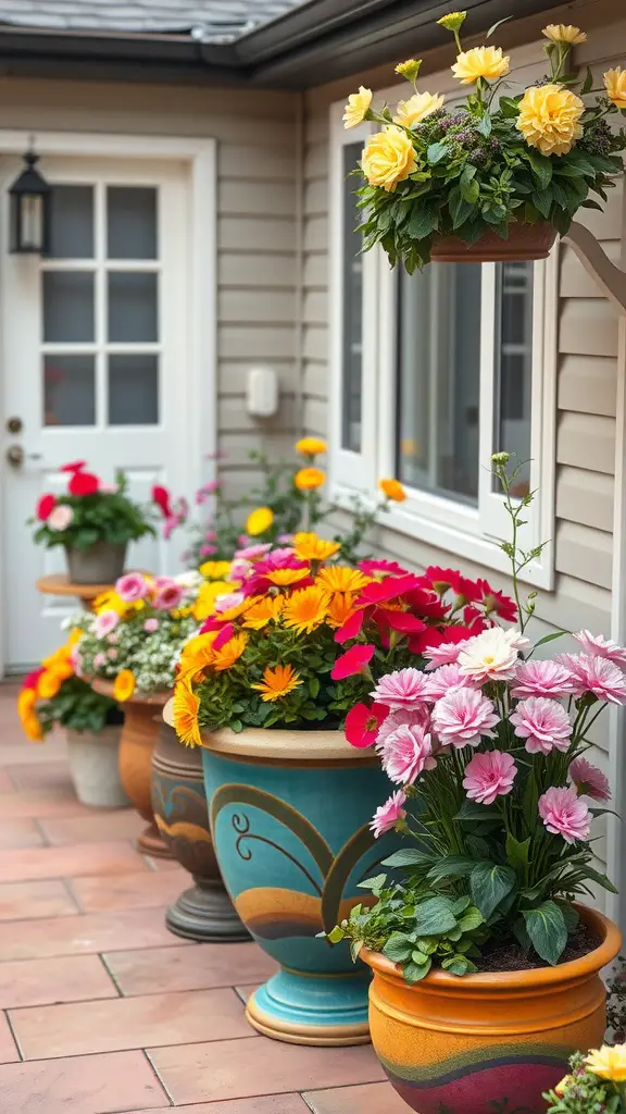 A collection of colorful decorative planters filled with various flowers on a back patio.
