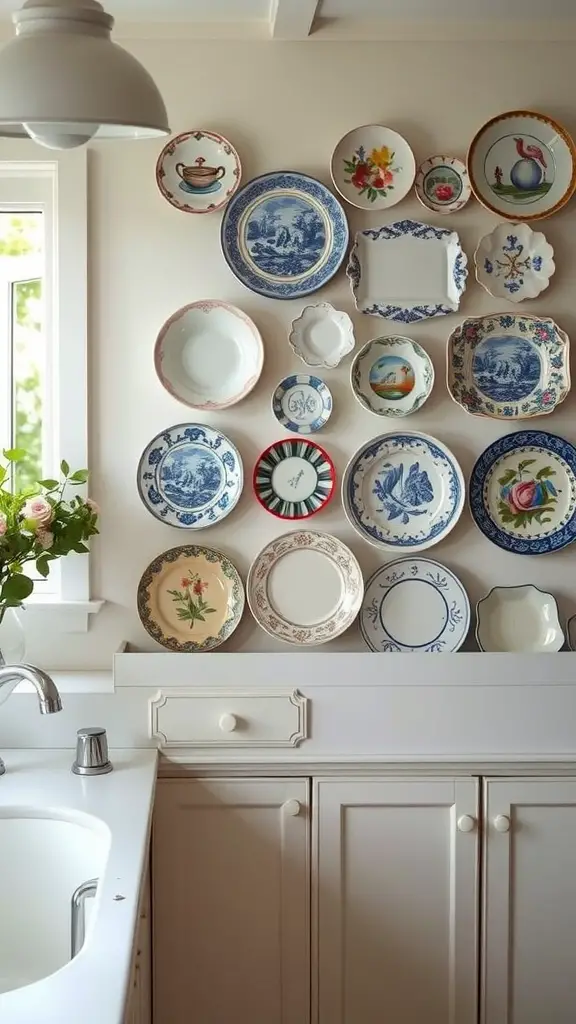 A wall display of decorative plates in a cozy kitchen setting
