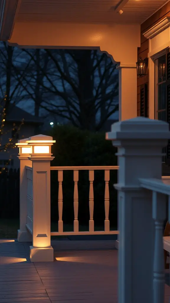 Decorative post caps illuminating porch railings at night