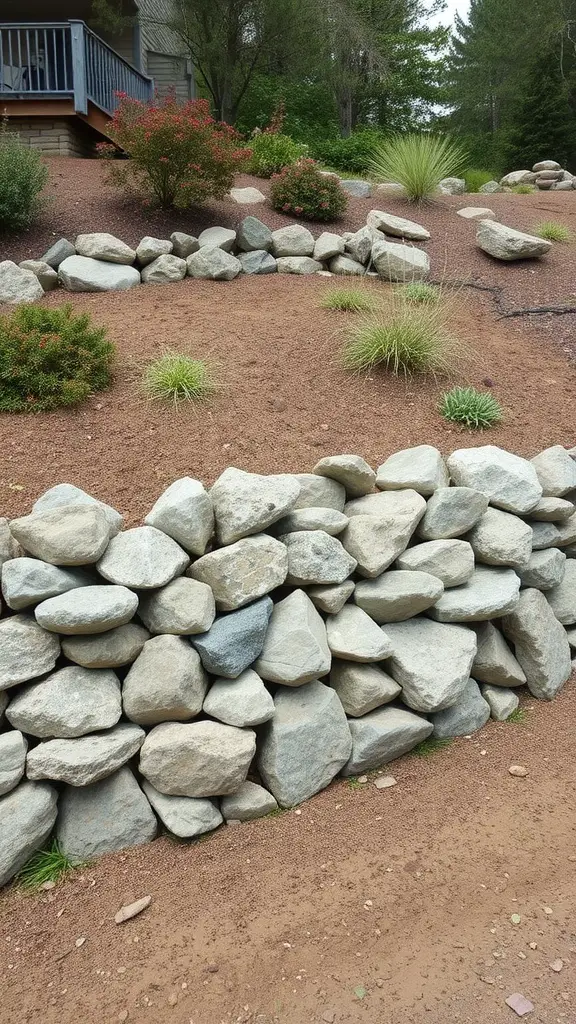 19 Creative River Rock Landscaping Ideas for Your Garden 5 A decorative river rock retaining wall in a landscaped yard