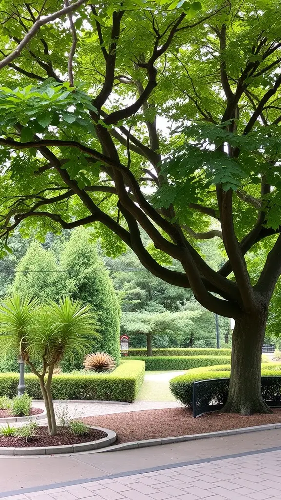 Image of a large shade tree with twisted branches, surrounded by shrubs and hedges in a landscaped garden.