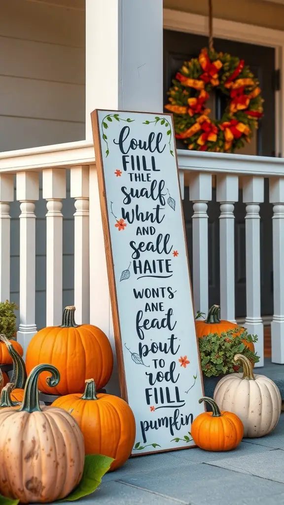 A decorative wooden sign with a seasonal quote, surrounded by colorful pumpkins and plants on a porch.