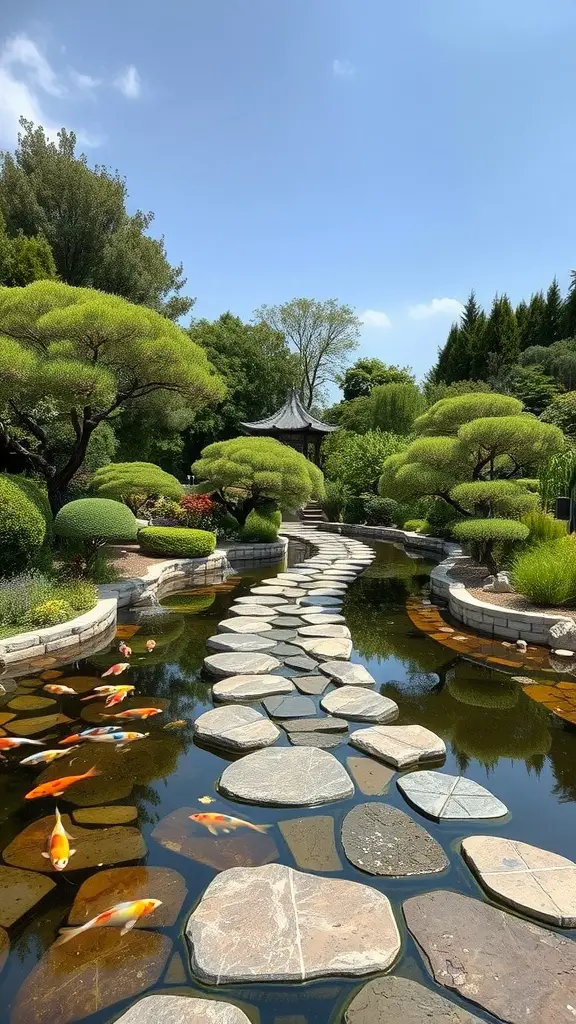 19 Stunning Koi Pond Ideas for Your Backyard Oasis 9 A serene stone pathway leading through a lush garden beside a koi pond, featuring vibrant greenery and koi fish swimming in the water.
