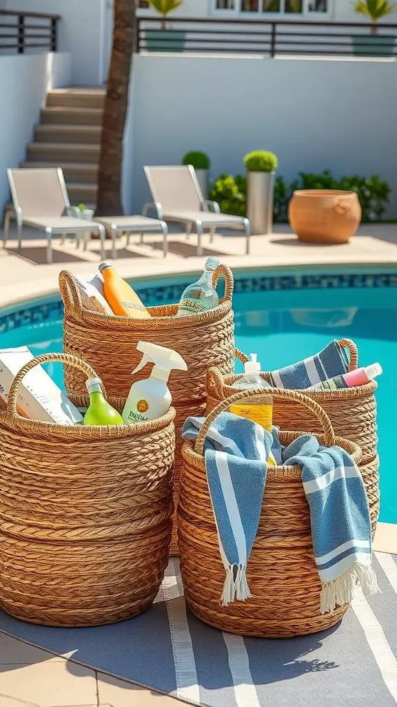 21 Creative Pool Storage Ideas You Need This Summer 5 A collection of decorative storage baskets filled with towels and cleaning products, arranged by a pool.