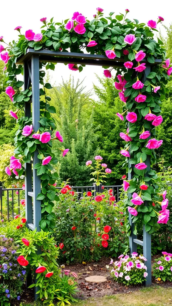 A decorative trellis covered in pink flowers, surrounded by vibrant garden blooms.