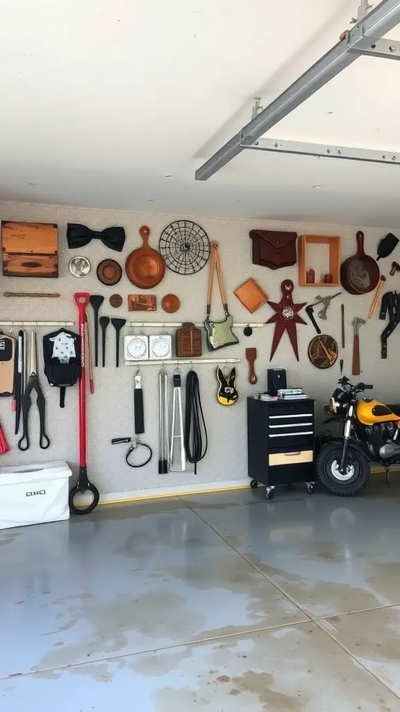 A garage wall showcasing an array of tools, vintage items, and decorative pieces neatly arranged.
