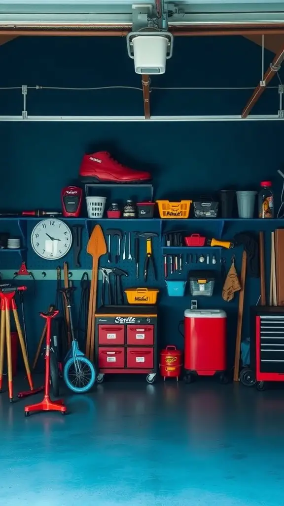 A well-organized garage with deep blue walls, showcasing red tools and storage elements.
