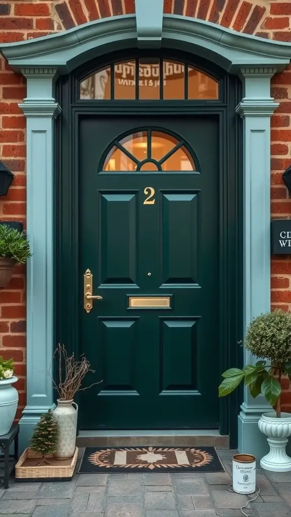 17 Stunning Green Front Door Ideas to Elevate Your Curb Appeal 4 A deep forest green front door with gold hardware and surrounding plants.