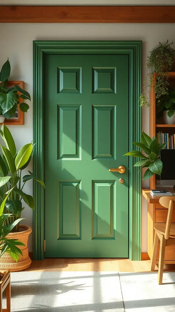A deep green door in a bright, plant-filled room.
