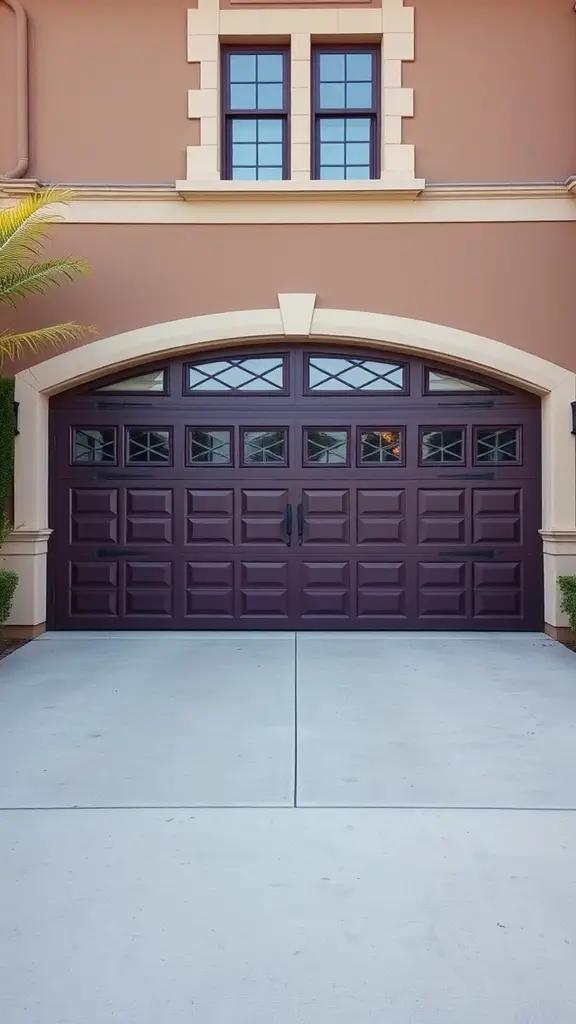 A deep purple garage door with a geometric panel design, set against a beige house exterior.