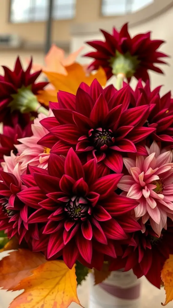 A bouquet featuring deep red dahlias and pink flowers, complemented by autumn leaves.