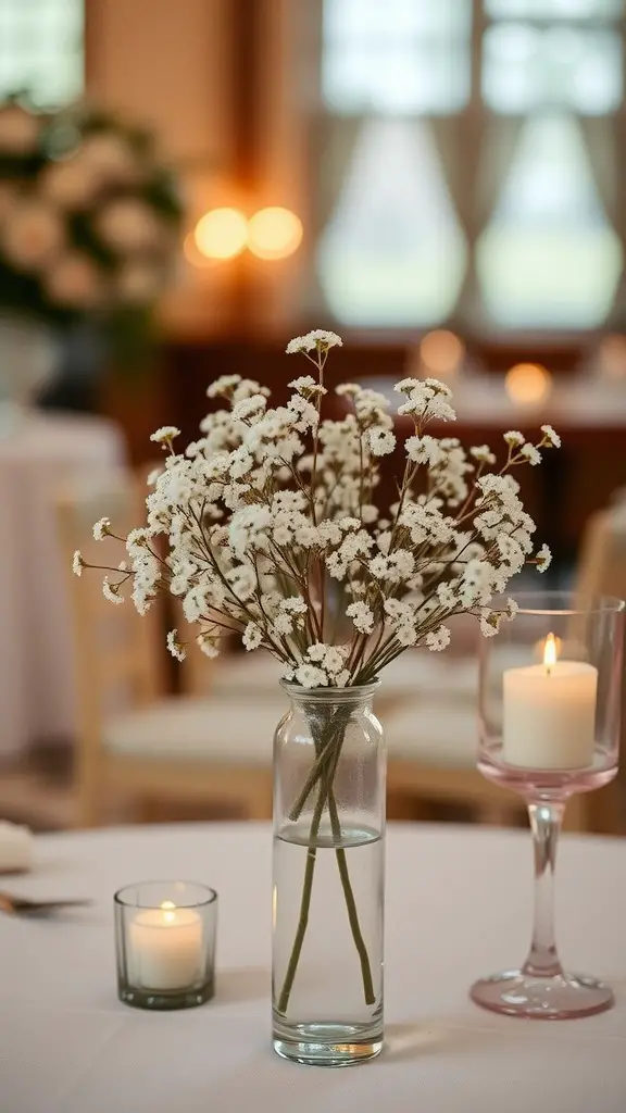 A glass vase filled with delicate Baby's breath flowers on a wedding table, with candles in the background.