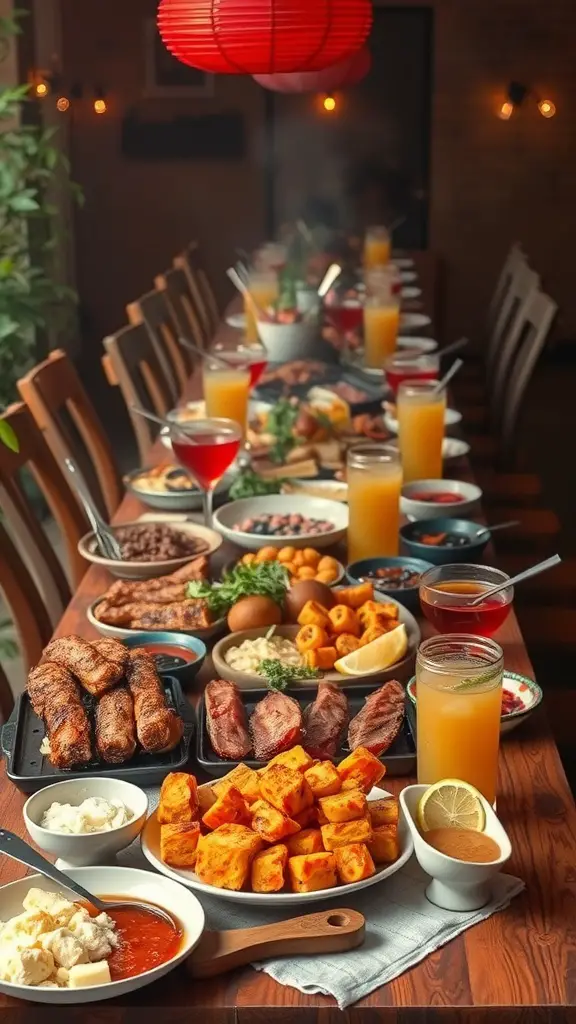 17 Fun Outdoor Birthday Party Ideas for an Unforgettable Celebration 13 A long table filled with a variety of BBQ dishes, including grilled meats, yam fries, salads, and colorful drinks, set up for an outdoor birthday party.