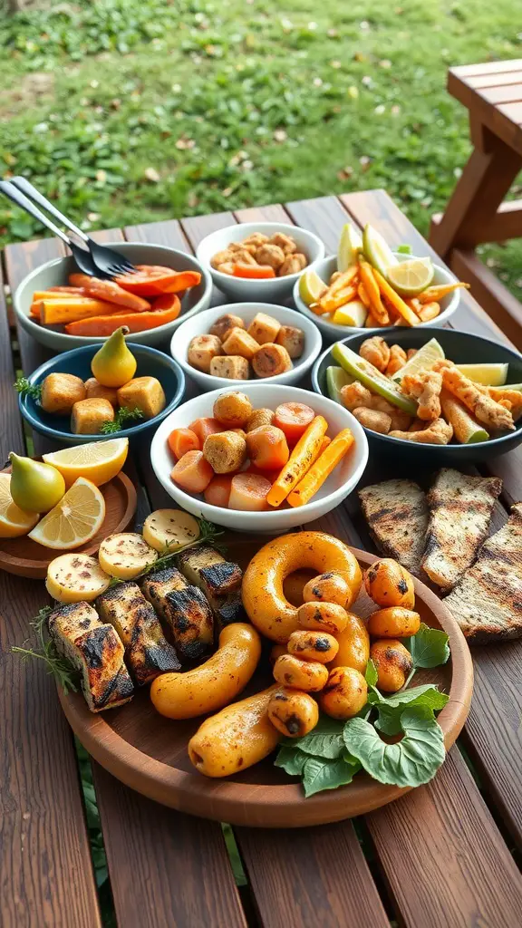 25 Creative Baby Q Shower Ideas to Celebrate Your Little One 2 A beautifully arranged spread of grilled baby food including fruits and vegetables on a wooden table.