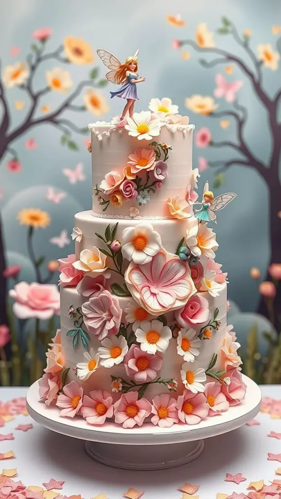 Three-tiered fairy-themed cake adorned with flowers and fairy figurines.