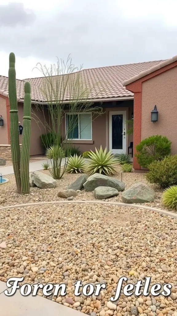 13 Stunning No Grass Front Yard Ideas for a Low-Maintenance Landscape 4 Front yard featuring gravel landscaping with cacti and succulents.