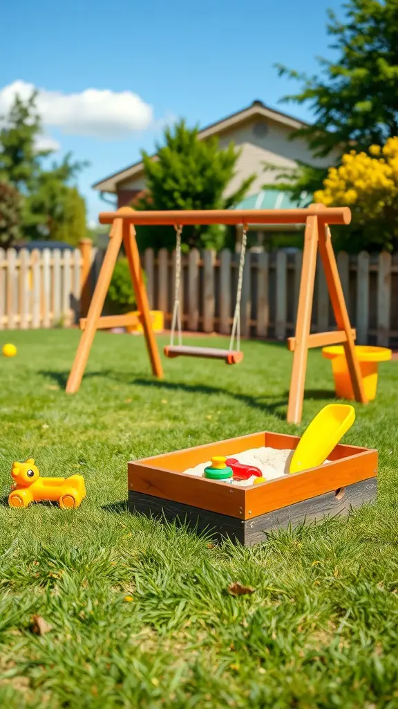 13 Stunning Backyard Makeover Ideas for Your Outdoor Oasis 15 A backyard play area featuring a swing set, sandbox, and colorful toys