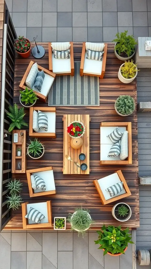 15 Creative DIY Ideas for a Stunning Pallet Deck 7 Aerial view of a beautifully arranged pallet deck with seating and plants.
