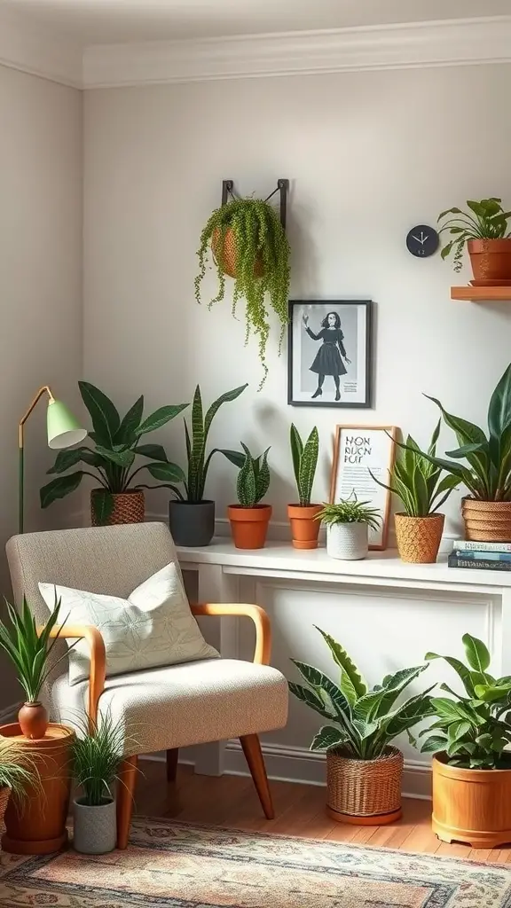 23 Creative Ways to Decorate with Plants in Your Home 9 A cozy plant corner featuring various plants in pots, an armchair, and a shelf with decorations.