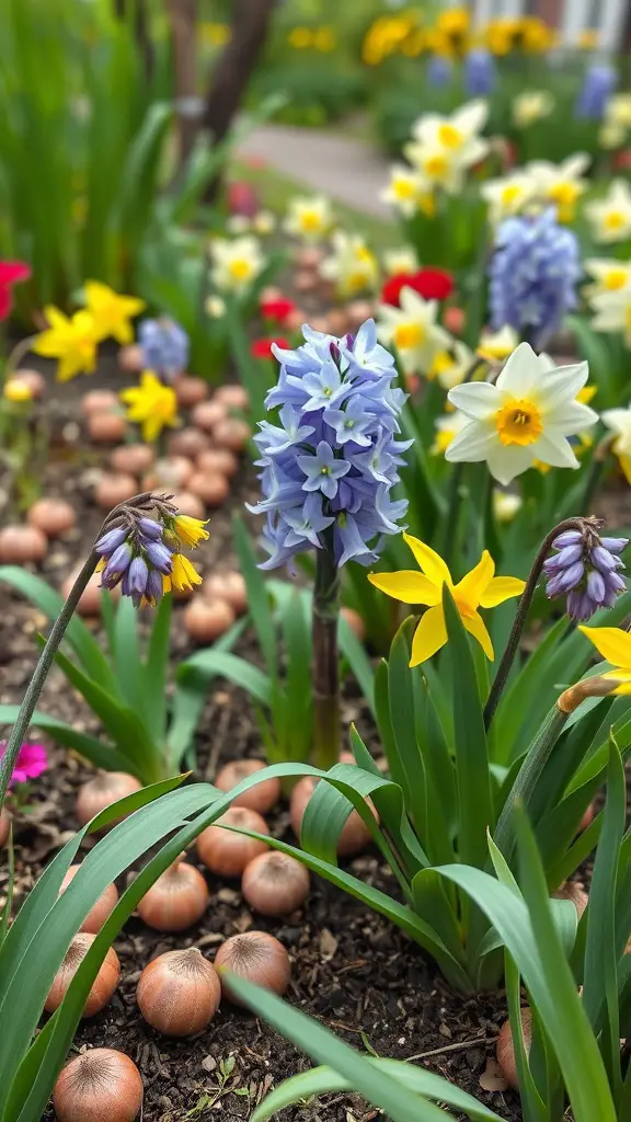 19 Stunning Floral Garden Ideas Featuring Beautiful Bulbs 6 A vibrant garden filled with various blooming flowers and bulbs, showcasing a mix of colors and textures.