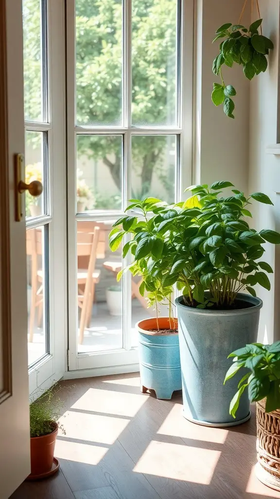 A sunny corner in a sunroom featuring vibrant herb plants in various pots, with large windows allowing natural light.