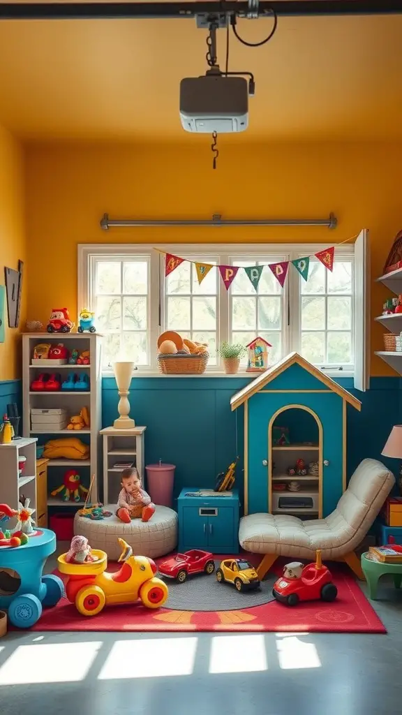 25 Creative Garage Living Space Ideas to Transform Your Home 5 A colorful and cozy playroom for kids, featuring toys, a dollhouse, and a comfortable seating area.