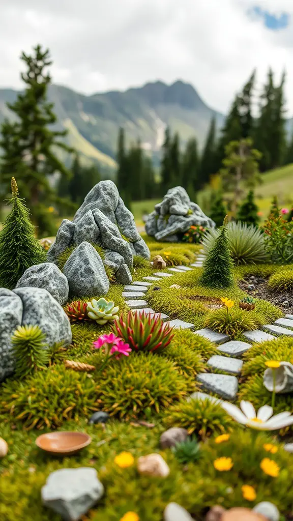 23 Stunning Alpine Garden Ideas for a Breathtaking Landscape 4 A miniature alpine landscape featuring rocks, a winding path, colorful flowers, and lush greenery.