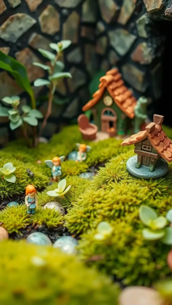 25 Unique Moss Garden Ideas for Your Outdoor Space 14 A charming moss garden with tiny fairy figurines and whimsical houses.