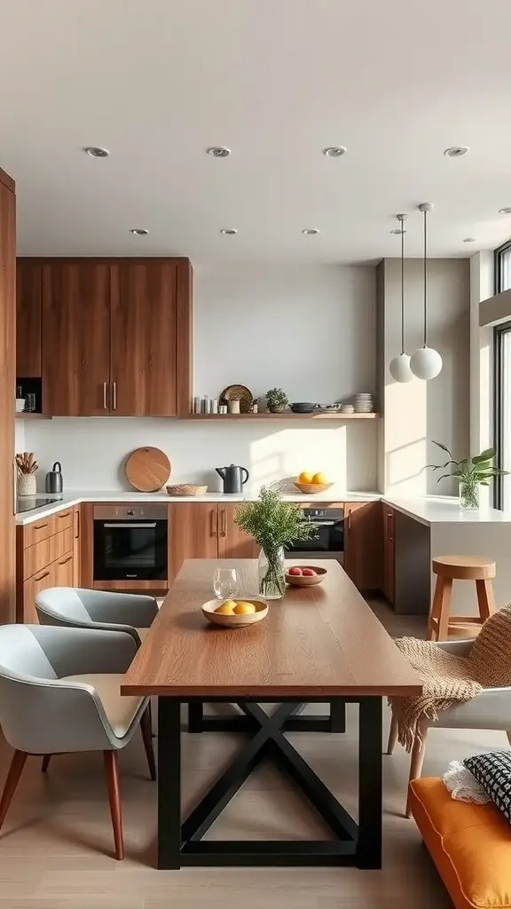 23 Stunning Open Kitchen Ideas for a Modern Home 8 Modern open kitchen with wooden cabinets, large dining table, and stylish decor.