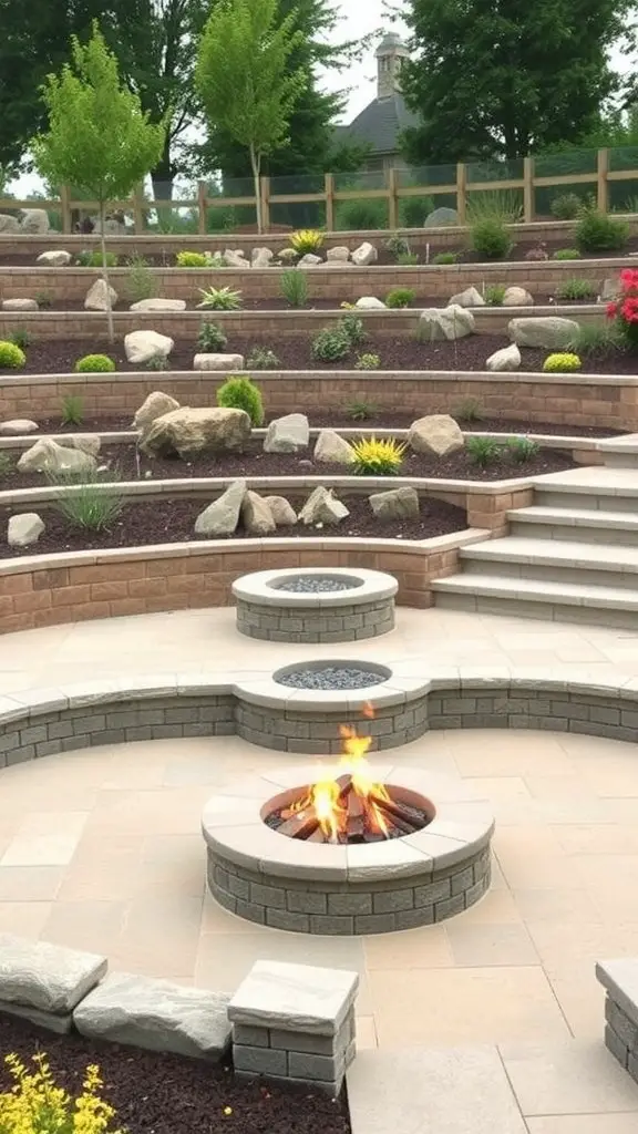 15 Stunning Fire Pit Landscaping Ideas for Your Outdoor Space 15 A multi-level fire pit area featuring a circular fire pit surrounded by plants, rocks, and pathways.