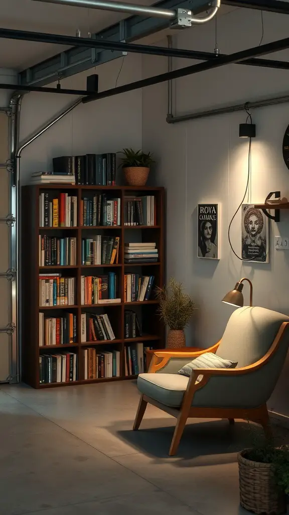25 Creative Garage Living Space Ideas to Transform Your Home 16 A cozy reading nook in a garage living space featuring a comfortable chair, a bookshelf filled with books, and plants