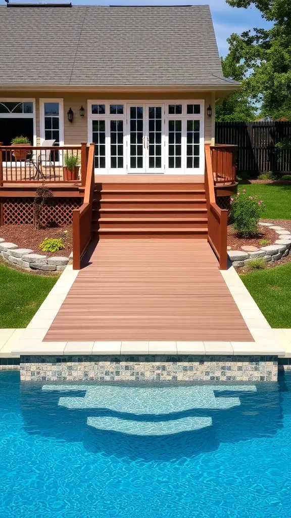 21 Stunning Above Ground Pool Deck Designs for Your Backyard 10 A beautiful wooden deck leading to an above-ground pool, creating a seamless transition from the house.