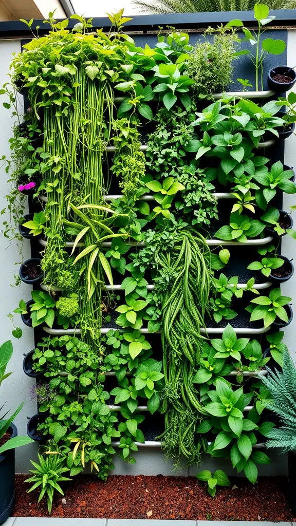 23 Creative DIY Projects to Transform Your Backyard 10 A vibrant vertical garden wall filled with various green plants and herbs.