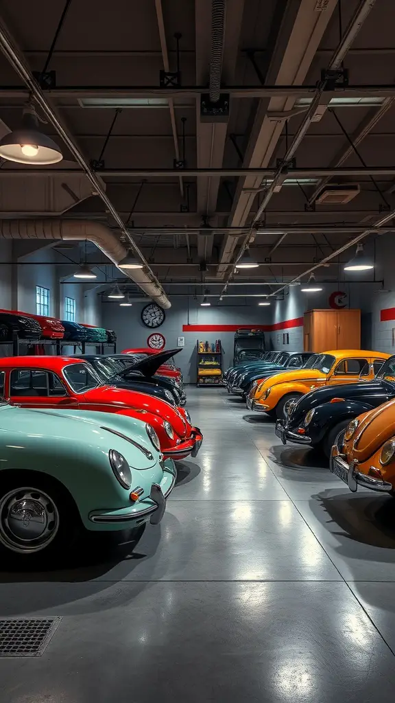25 Creative Garage Living Space Ideas to Transform Your Home 12 A well-organized garage showcasing a collection of vintage cars in various colors under soft lighting.