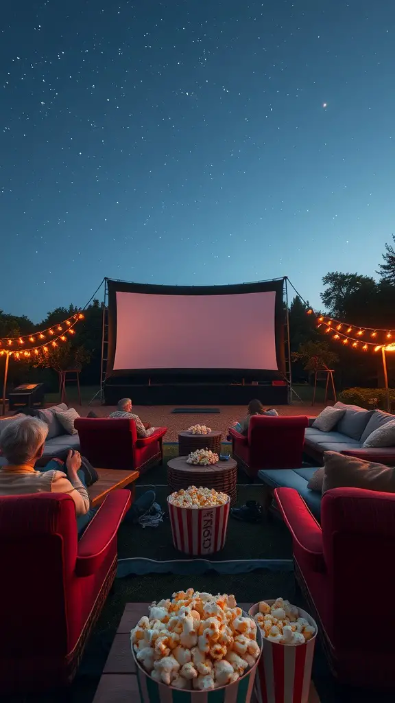 23 Creative DIY Projects to Transform Your Backyard 15 Backyard outdoor movie theater setup with a large screen, cozy seating, and popcorn.