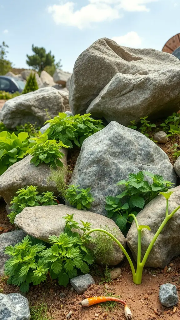 21 Stunning Landscaping Ideas Featuring Large Rocks 15 A garden scene featuring large rocks surrounded by various green plants, including herbs and leafy vegetables.