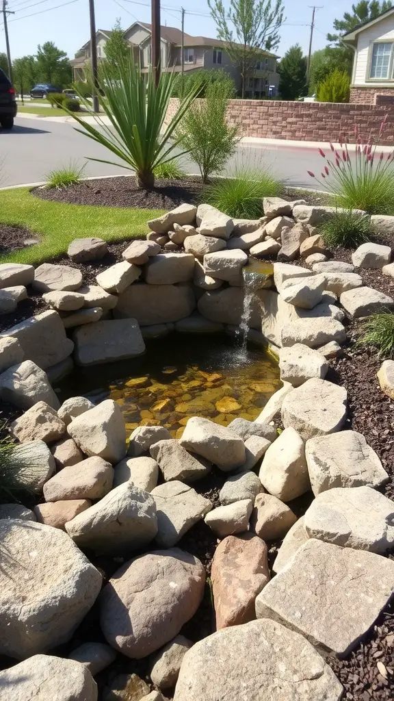15 Creative Rock Drainage Landscaping Ideas for Your Outdoor Space 13 A landscaped retention basin with rocks and surrounding greenery.