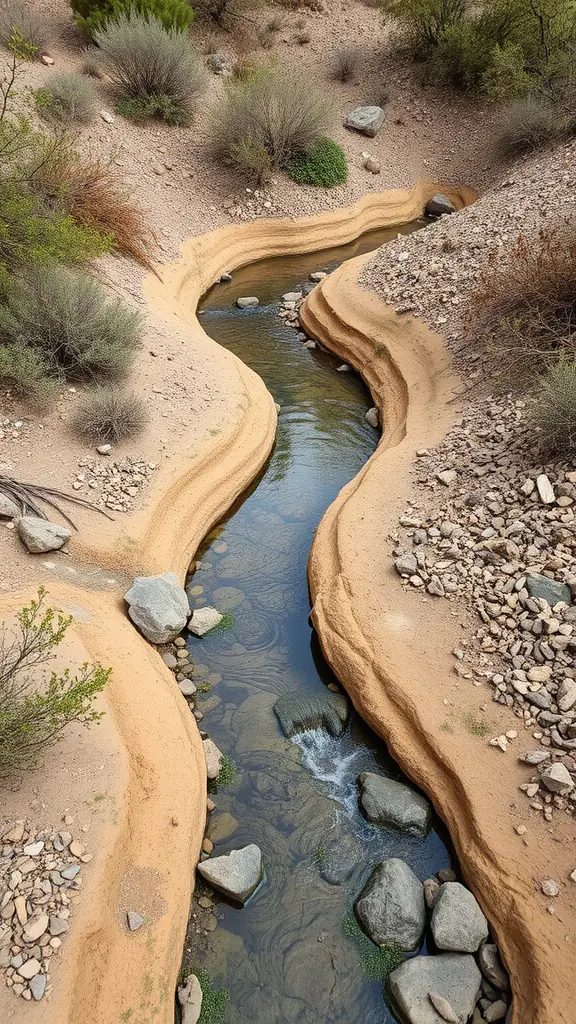 A dry creek bed with curved shapes flowing through rocky terrain, surrounded by various shrubs and plants.
