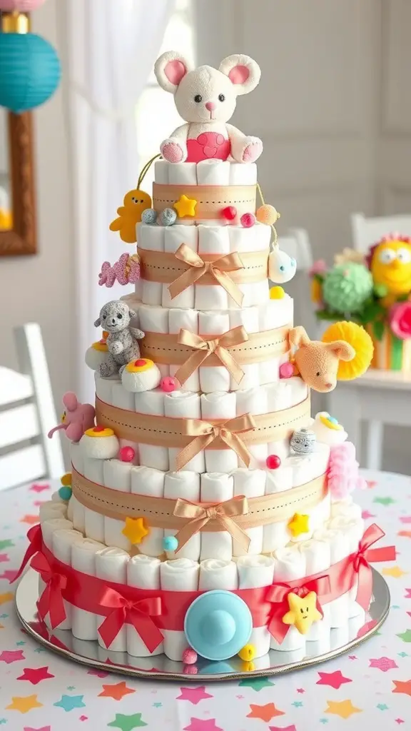 29 Adorable Baby Shower Centerpiece Ideas You’ll Love 8 A decorative diaper cake arranged in tiers, wrapped with ribbons and adorned with toys, perfect for a baby shower centerpiece.