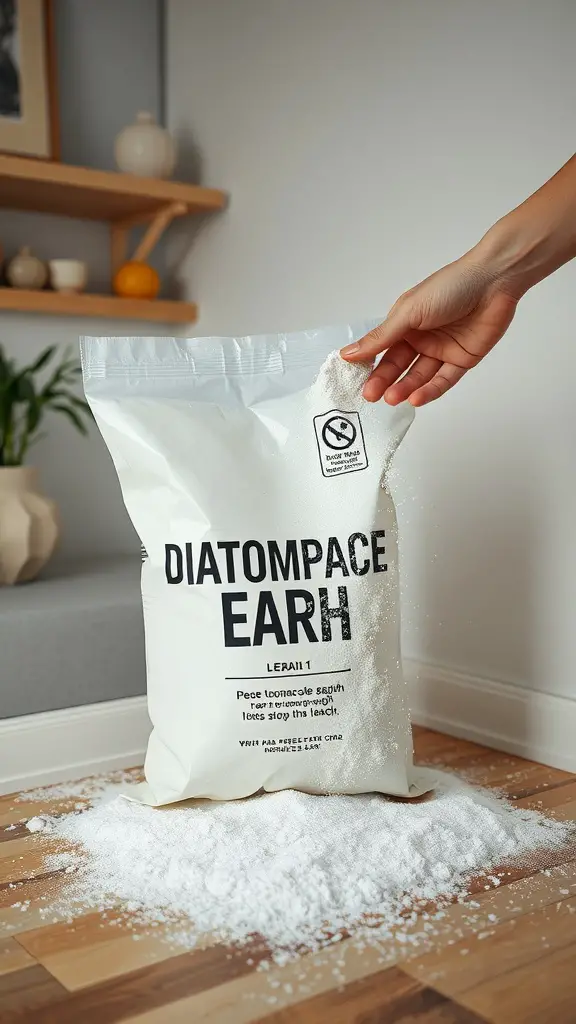 15 Effective DIY Indoor Ant Repellents You Can Make at Home 8 A bag of diatomaceous earth being poured onto a wooden floor, with a focus on indoor ant repellent.