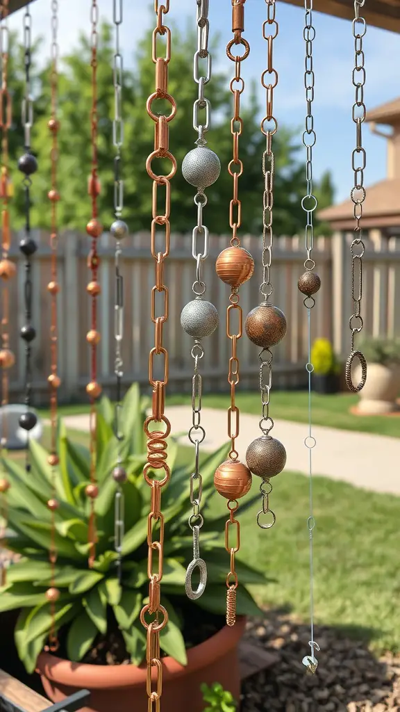 25 Creative Rain Chain Drainage Ideas for Your Home 4 A close-up view of various rain chains made from different materials, hanging in a garden setting.