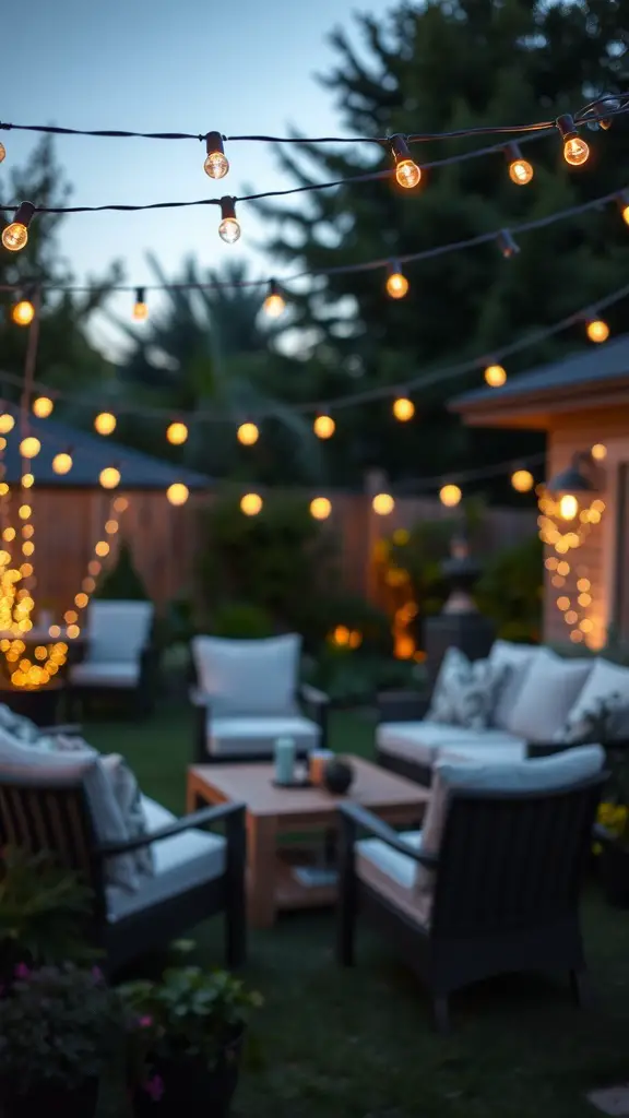 17 Stunning Backyard String Lights to Transform Your Outdoor Space 2 A cozy backyard with dimmable LED string lights illuminating seating area.
