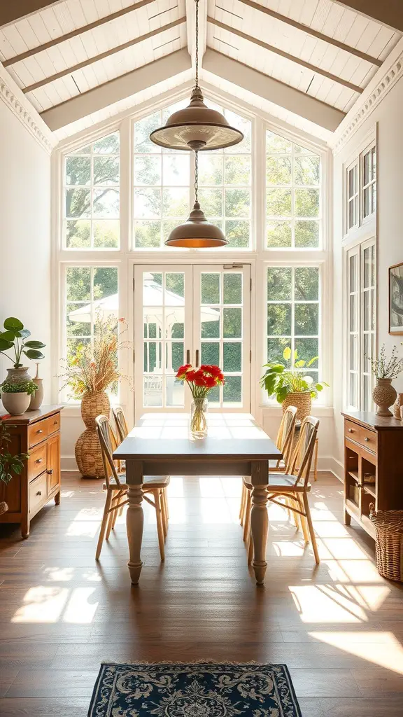 19 Stunning Indoor Sunroom Ideas You’ll Love 8 A bright and inviting dining area in a sunroom with large windows, a wooden table, and potted plants.